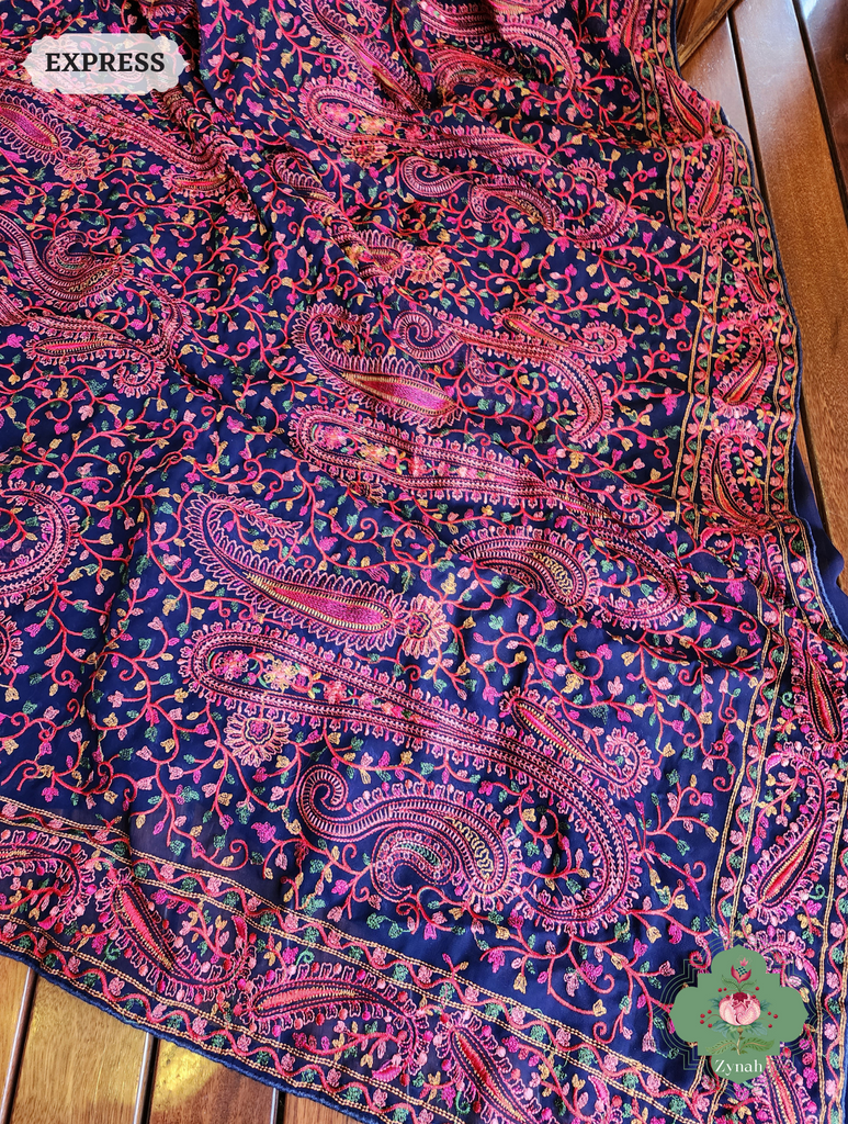 Blue Georgette Saree With Kashida Inspired Embroidery 6