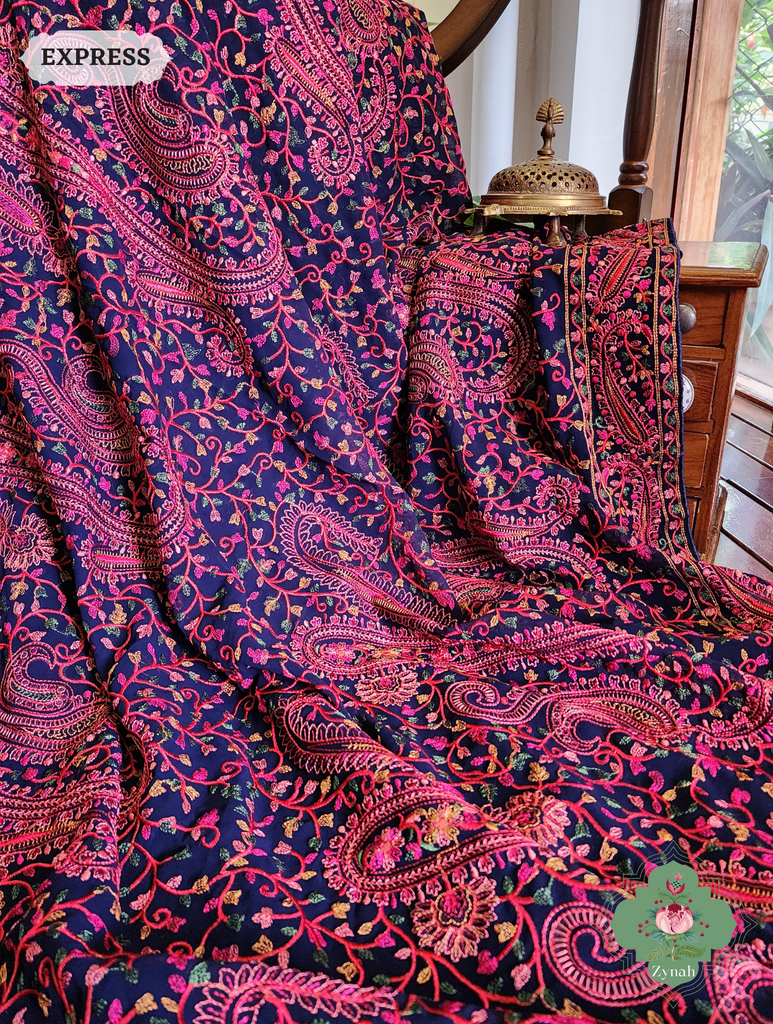Blue Georgette Saree With Kashida Inspired Embroidery 8