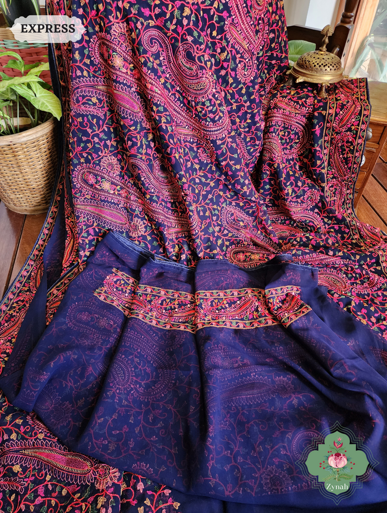 Blue Georgette Saree With Kashida Inspired Embroidery 9