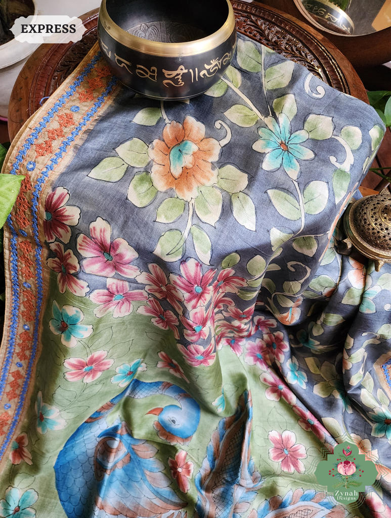 Zynah Blue Hand-Painted Tussar Silk Kalamkari Saree With Kutch Hand Embroidery; Custom Stitched/Ready-made Blouse, Fall, Petticoat; SKU: 2805202503