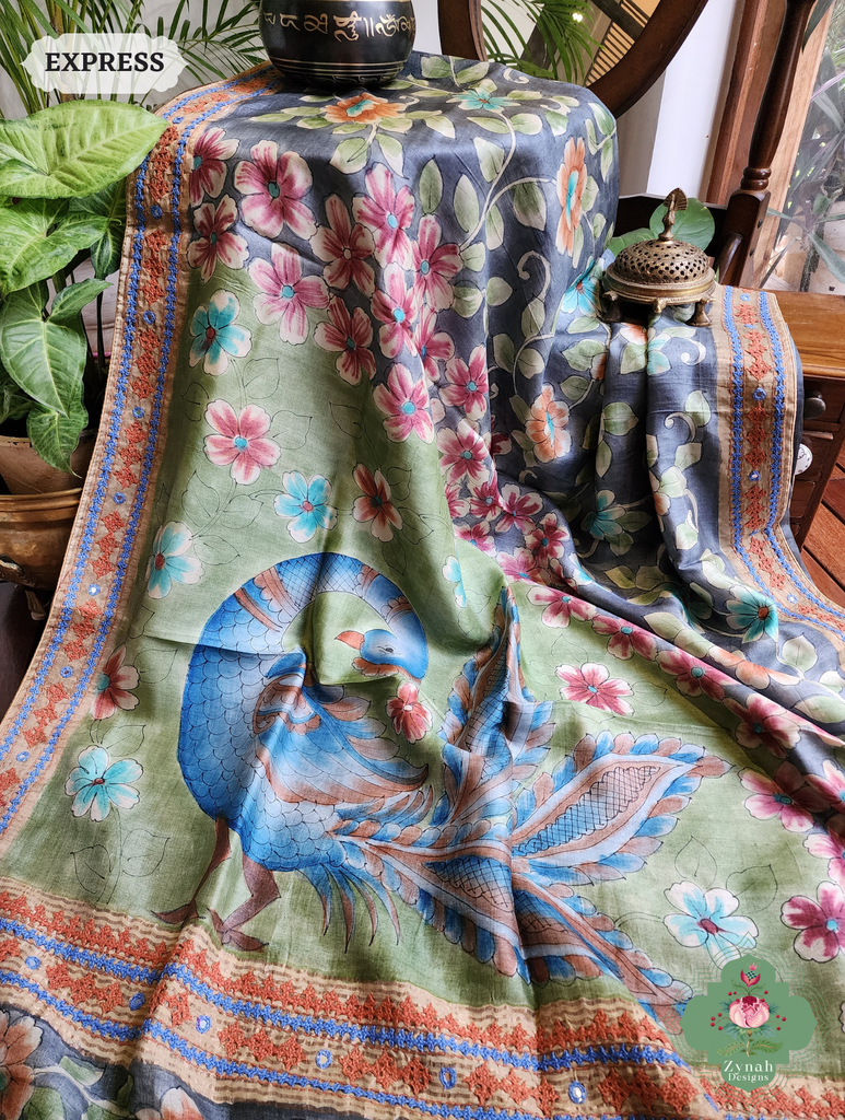 Zynah Blue Hand-Painted Tussar Silk Kalamkari Saree With Kutch Hand Embroidery; Custom Stitched/Ready-made Blouse, Fall, Petticoat; SKU: 2805202503