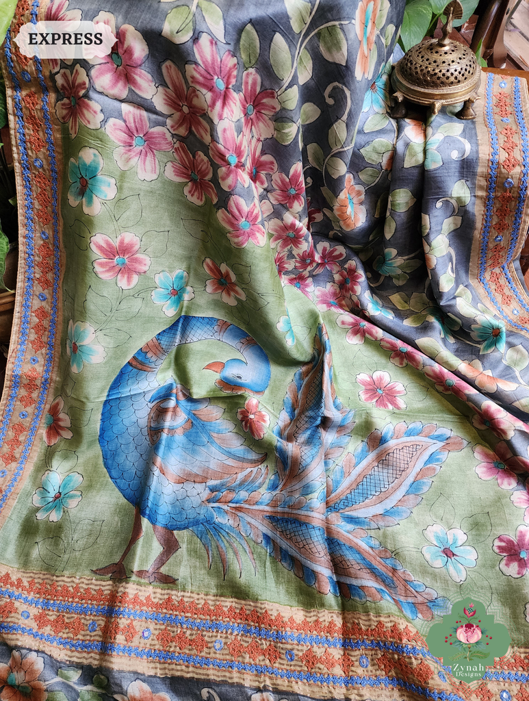 Zynah Blue Hand-Painted Tussar Silk Kalamkari Saree With Kutch Hand Embroidery; Custom Stitched/Ready-made Blouse, Fall, Petticoat; SKU: 2805202503