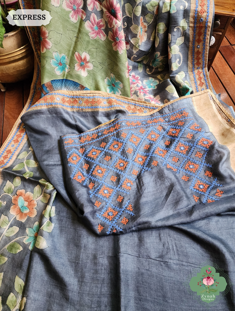 Zynah Blue Hand-Painted Tussar Silk Kalamkari Saree With Kutch Hand Embroidery; Custom Stitched/Ready-made Blouse, Fall, Petticoat; SKU: 2805202503