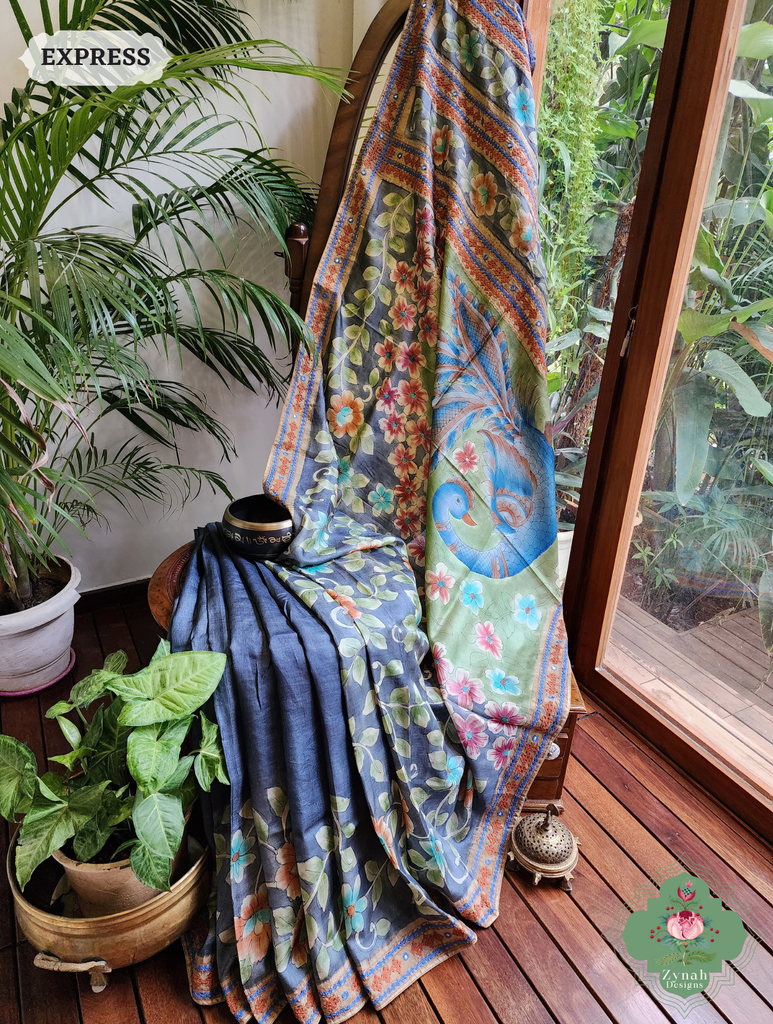 Zynah Blue Hand-Painted Tussar Silk Kalamkari Saree With Kutch Hand Embroidery; Custom Stitched/Ready-made Blouse, Fall, Petticoat; SKU: 2805202503