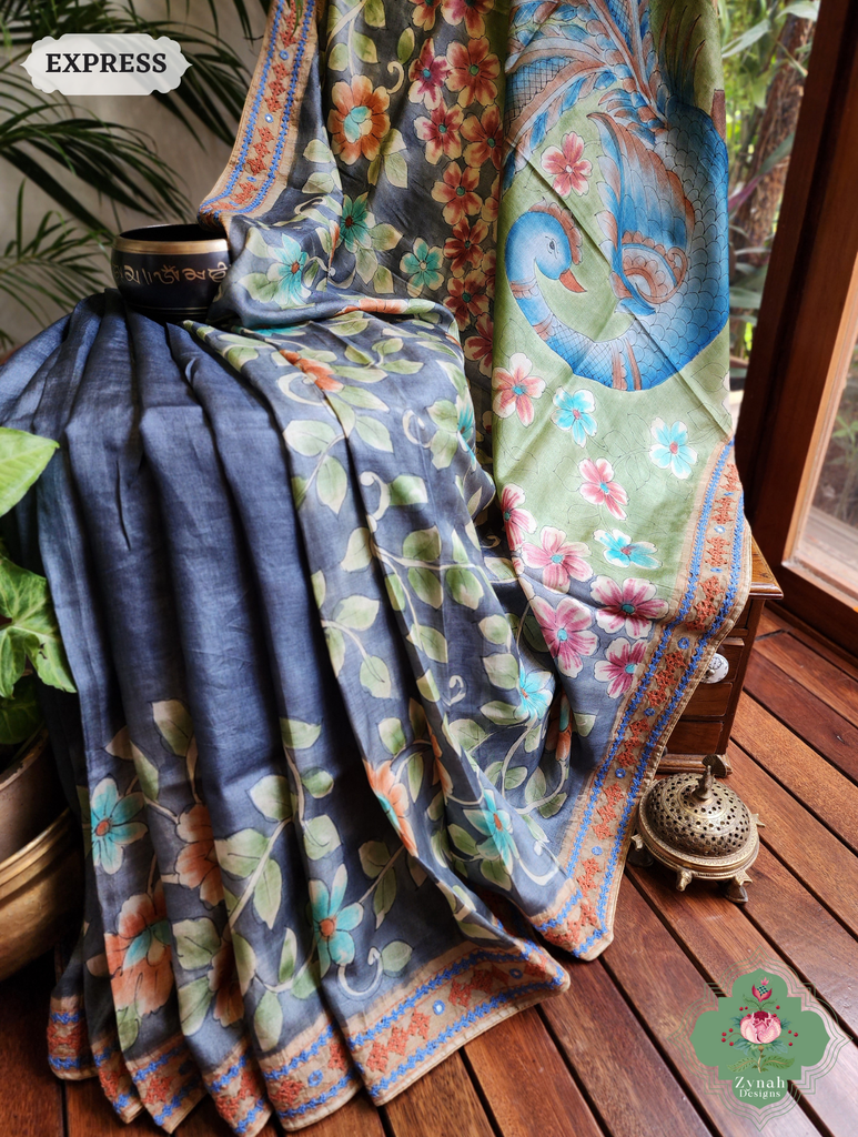 Zynah Blue Hand-Painted Tussar Silk Kalamkari Saree With Kutch Hand Embroidery; Custom Stitched/Ready-made Blouse, Fall, Petticoat; SKU: 2805202503