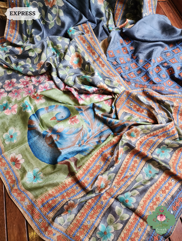 Zynah Blue Hand-Painted Tussar Silk Kalamkari Saree With Kutch Hand Embroidery; Custom Stitched/Ready-made Blouse, Fall, Petticoat; SKU: 2805202503