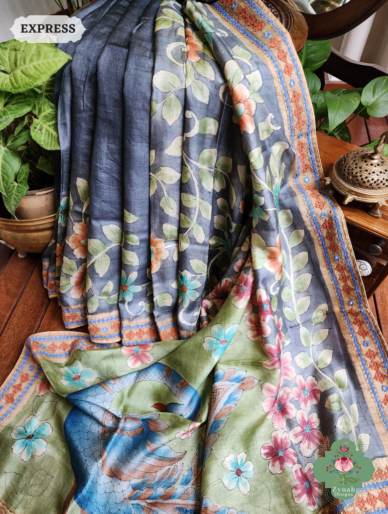 Zynah Blue Hand-Painted Tussar Silk Kalamkari Saree With Kutch Hand Embroidery; Custom Stitched/Ready-made Blouse, Fall, Petticoat; SKU: 2805202503