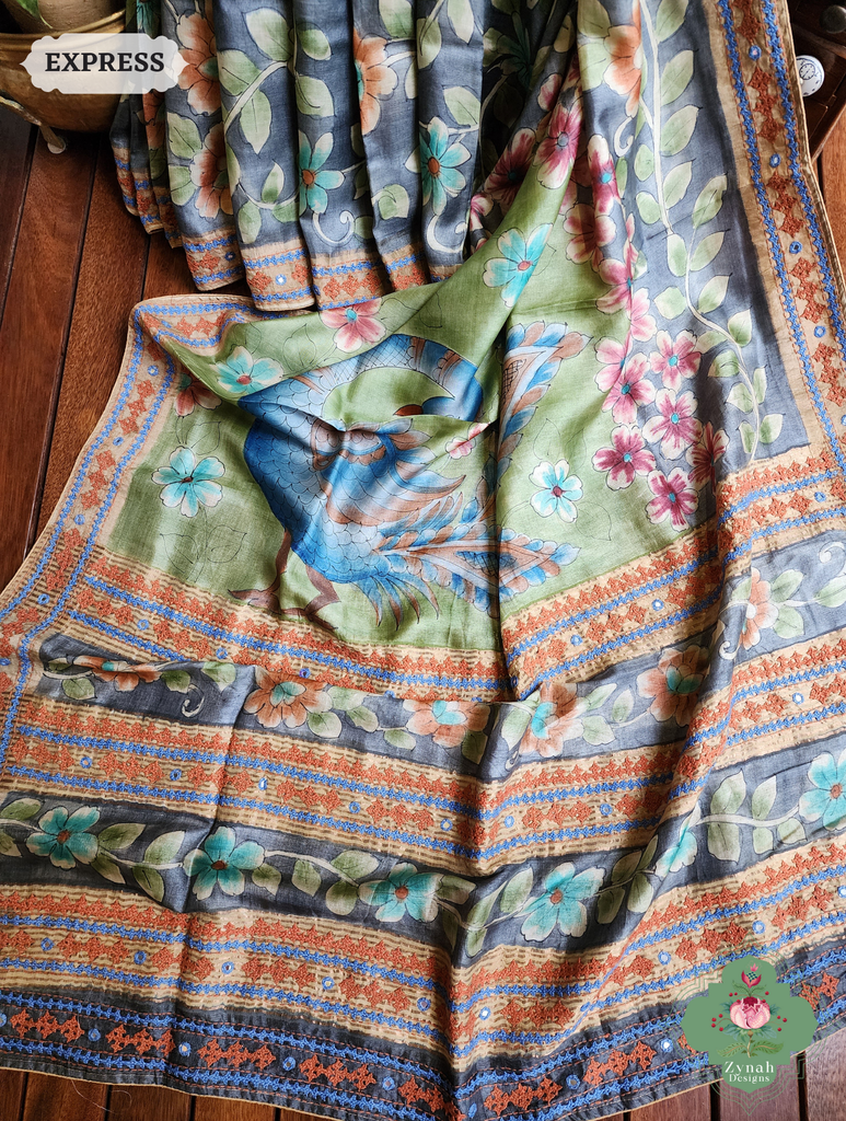 Zynah Blue Hand-Painted Tussar Silk Kalamkari Saree With Kutch Hand Embroidery; Custom Stitched/Ready-made Blouse, Fall, Petticoat; SKU: 2805202503