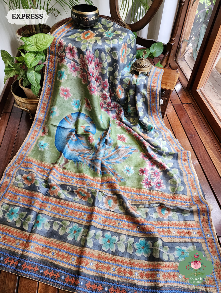 Zynah Blue Hand-Painted Tussar Silk Kalamkari Saree With Kutch Hand Embroidery; Custom Stitched/Ready-made Blouse, Fall, Petticoat; SKU: 2805202503