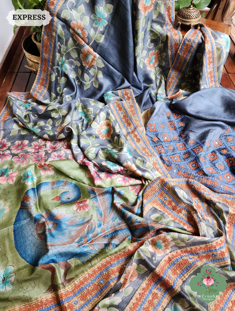 Zynah Blue Hand-Painted Tussar Silk Kalamkari Saree With Kutch Hand Embroidery; Custom Stitched/Ready-made Blouse, Fall, Petticoat; SKU: 2805202503