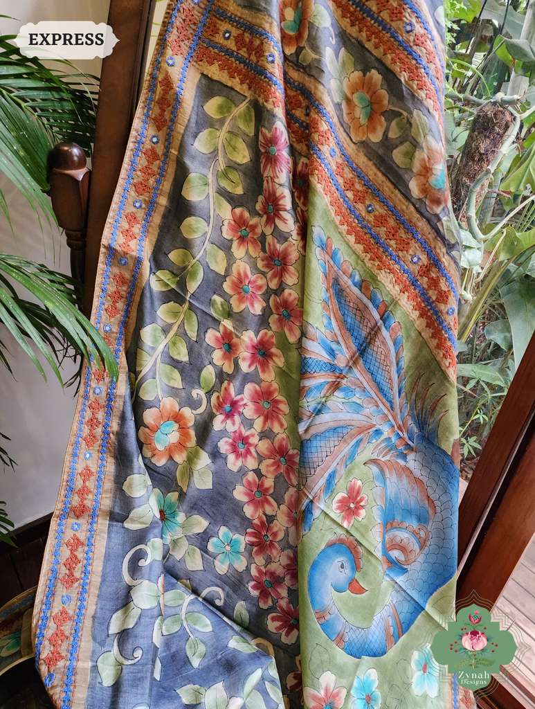 Zynah Blue Hand-Painted Tussar Silk Kalamkari Saree With Kutch Hand Embroidery; Custom Stitched/Ready-made Blouse, Fall, Petticoat; SKU: 2805202503