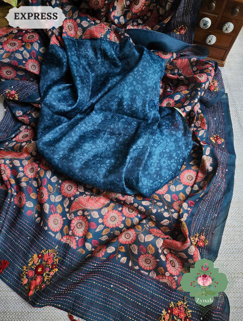 Zynah Blue Jute Tussar Kalamkari Saree, Frenchknot Motifs & Kantha Hand Embroidery at Pallu & Border & Sequins; Custom Stitched/Ready-made Blouse, Fall, Petticoat; SKU: 0805202305