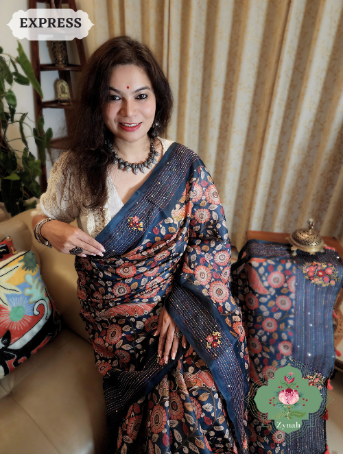 Zynah Blue Jute Tussar Kalamkari Saree, Frenchknot Motifs & Kantha Hand Embroidery at Pallu & Border & Sequins; Custom Stitched/Ready-made Blouse, Fall, Petticoat; SKU: 0805202305