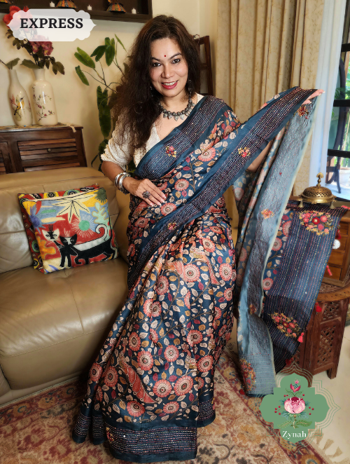 Zynah Blue Jute Tussar Kalamkari Saree, Frenchknot Motifs & Kantha Hand Embroidery at Pallu & Border & Sequins; Custom Stitched/Ready-made Blouse, Fall, Petticoat; SKU: 0805202305