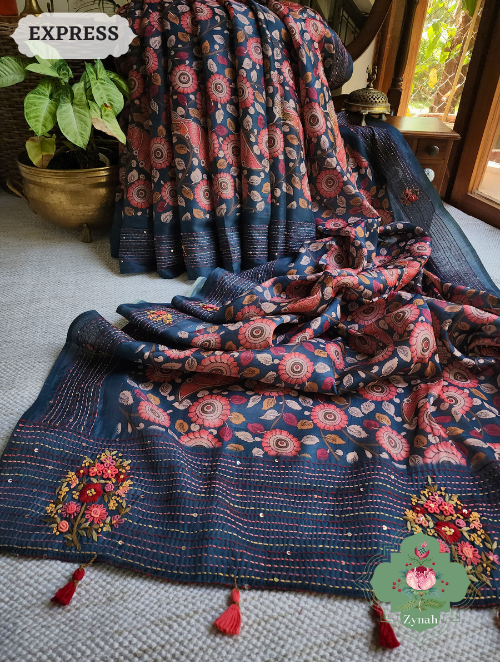 Zynah Blue Jute Tussar Kalamkari Saree, Frenchknot Motifs & Kantha Hand Embroidery at Pallu & Border & Sequins; Custom Stitched/Ready-made Blouse, Fall, Petticoat; SKU: 0805202305