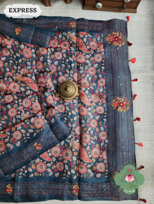 Zynah Blue Jute Tussar Kalamkari Saree, Frenchknot Motifs & Kantha Hand Embroidery at Pallu & Border & Sequins; Custom Stitched/Ready-made Blouse, Fall, Petticoat; SKU: 0805202305