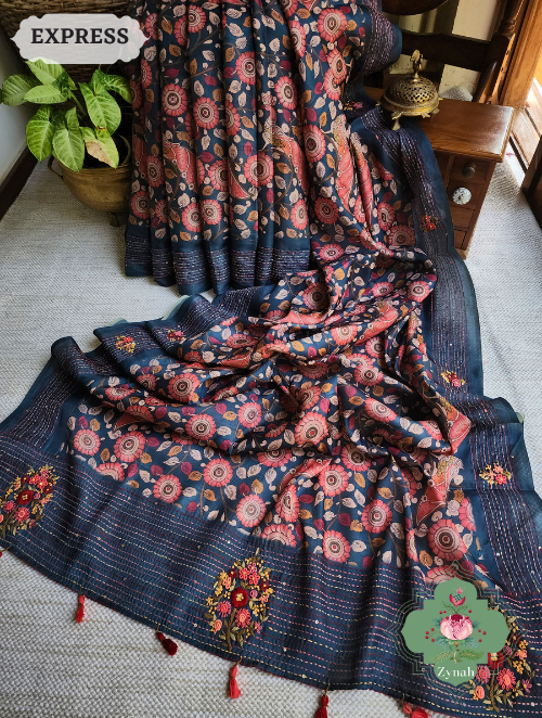 Zynah Blue Jute Tussar Kalamkari Saree, Frenchknot Motifs & Kantha Hand Embroidery at Pallu & Border & Sequins; Custom Stitched/Ready-made Blouse, Fall, Petticoat; SKU: 0805202305