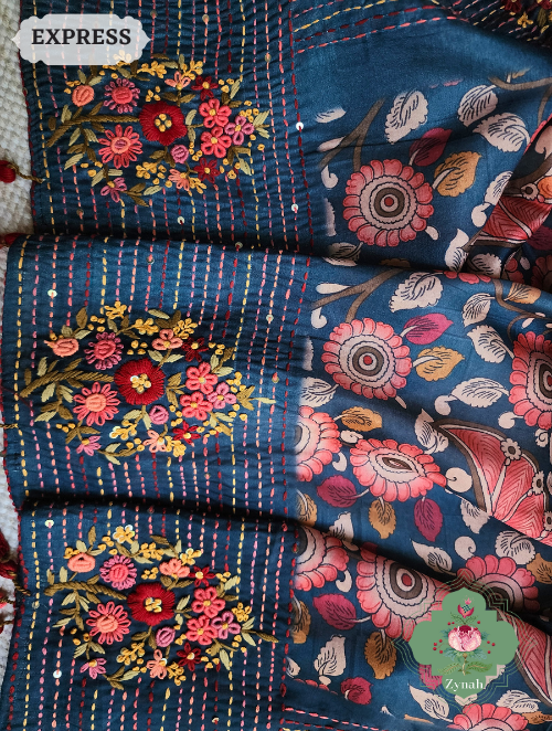 Zynah Blue Jute Tussar Kalamkari Saree, Frenchknot Motifs & Kantha Hand Embroidery at Pallu & Border & Sequins; Custom Stitched/Ready-made Blouse, Fall, Petticoat; SKU: 0805202305