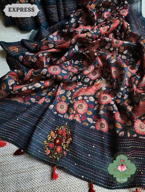 Zynah Blue Jute Tussar Kalamkari Saree, Frenchknot Motifs & Kantha Hand Embroidery at Pallu & Border & Sequins; Custom Stitched/Ready-made Blouse, Fall, Petticoat; SKU: 0805202305