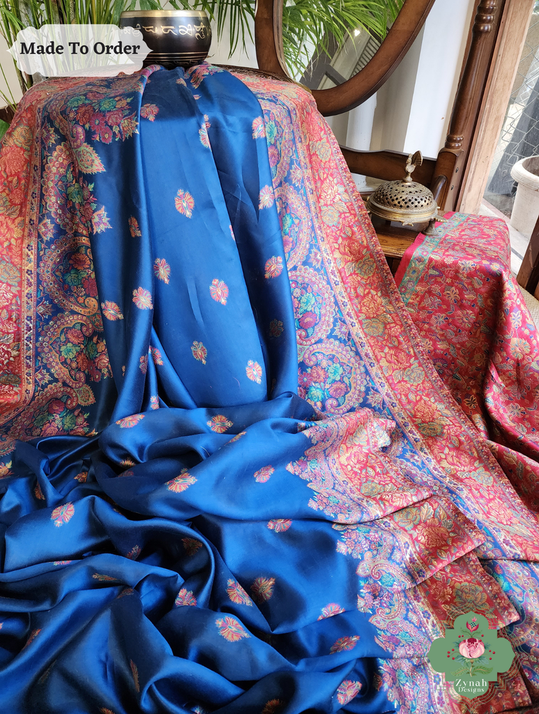 Zynah Made To Order Blue Kashmiri Pure Kani Silk Jamavar Saree; Custom Stitched/Ready-made Blouse, Fall, Petticoat; SKU: 0703202507