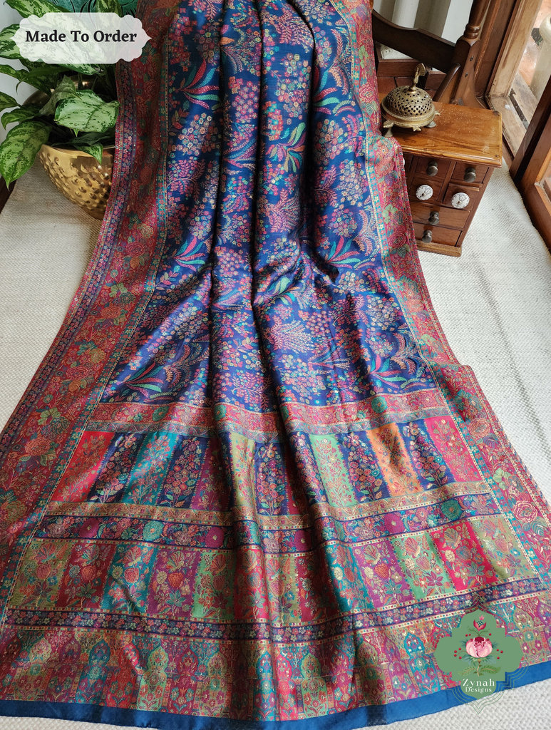 Zynah Made To Order Blue Handwoven Kashmiri Pure Kani Silk Jamavar Saree; Custom Stitched/Ready-made Blouse, Fall, Petticoat; SKU: 0110202512