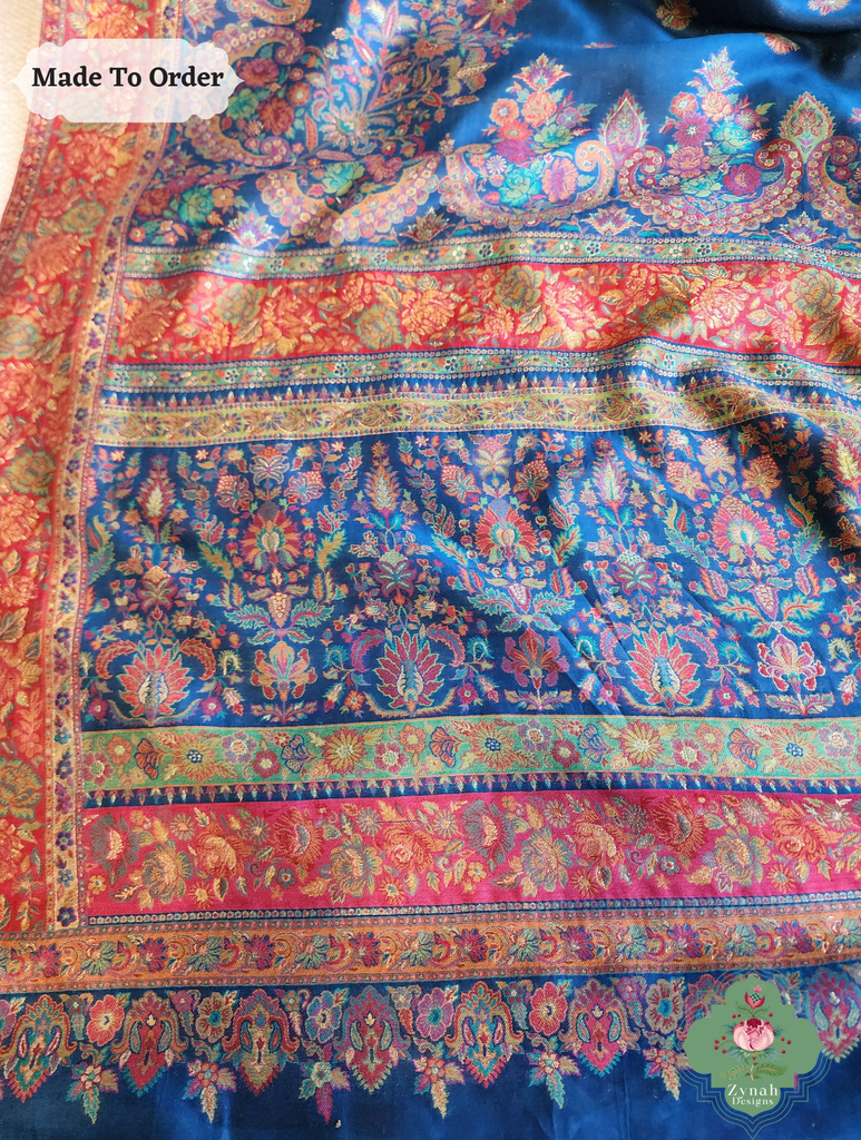 Zynah Made To Order Blue Kashmiri Pure Kani Silk Jamavar Saree; Custom Stitched/Ready-made Blouse, Fall, Petticoat; SKU: 0703202507