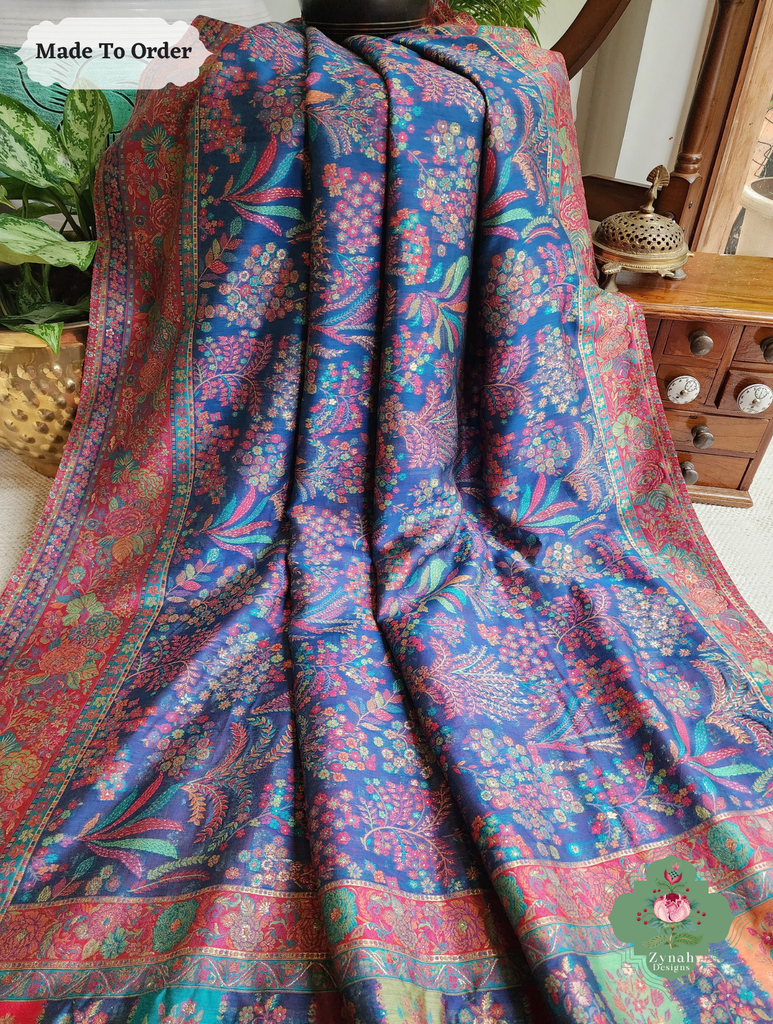 Zynah Made To Order Blue Handwoven Kashmiri Pure Kani Silk Jamavar Saree; Custom Stitched/Ready-made Blouse, Fall, Petticoat; SKU: 0110202512