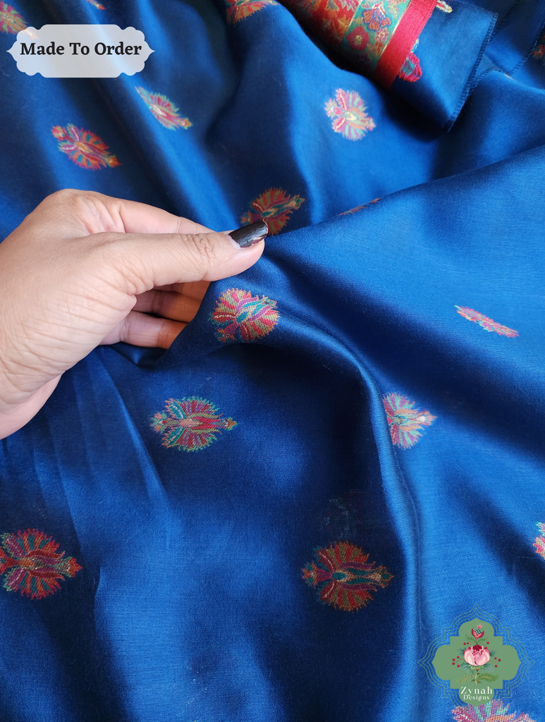 Zynah Made To Order Blue Kashmiri Pure Kani Silk Jamavar Saree; Custom Stitched/Ready-made Blouse, Fall, Petticoat; SKU: 0703202507
