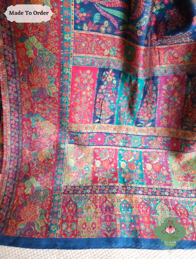 Zynah Made To Order Blue Handwoven Kashmiri Pure Kani Silk Jamavar Saree; Custom Stitched/Ready-made Blouse, Fall, Petticoat; SKU: 0110202512