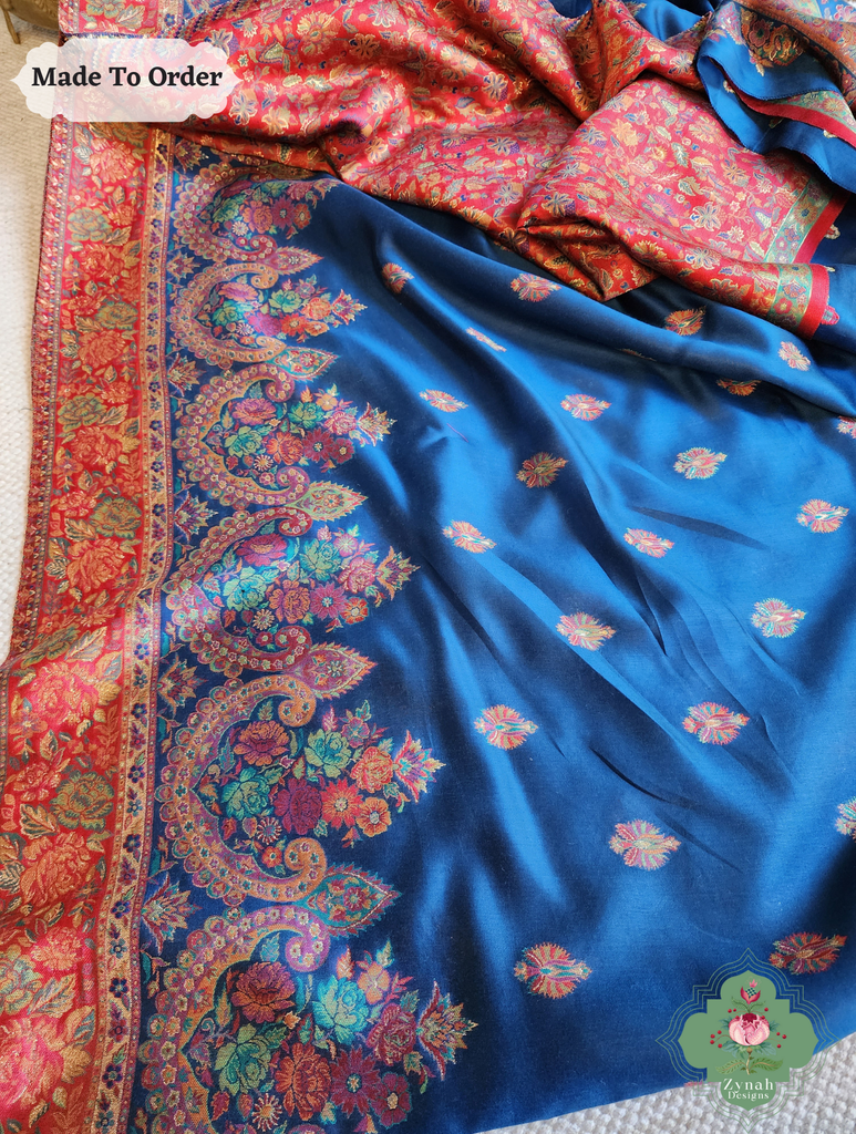 Zynah Made To Order Blue Kashmiri Pure Kani Silk Jamavar Saree; Custom Stitched/Ready-made Blouse, Fall, Petticoat; SKU: 0703202507