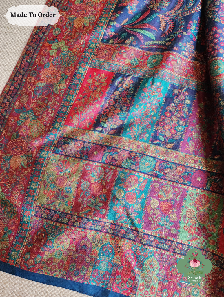 Zynah Made To Order Blue Handwoven Kashmiri Pure Kani Silk Jamavar Saree; Custom Stitched/Ready-made Blouse, Fall, Petticoat; SKU: 0110202512