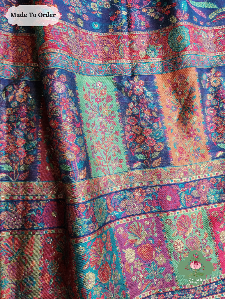 Zynah Made To Order Blue Handwoven Kashmiri Pure Kani Silk Jamavar Saree; Custom Stitched/Ready-made Blouse, Fall, Petticoat; SKU: 0110202512
