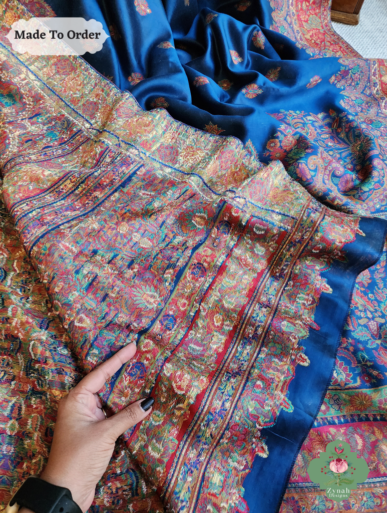 Zynah Made To Order Blue Kashmiri Pure Kani Silk Jamavar Saree; Custom Stitched/Ready-made Blouse, Fall, Petticoat; SKU: 0703202507