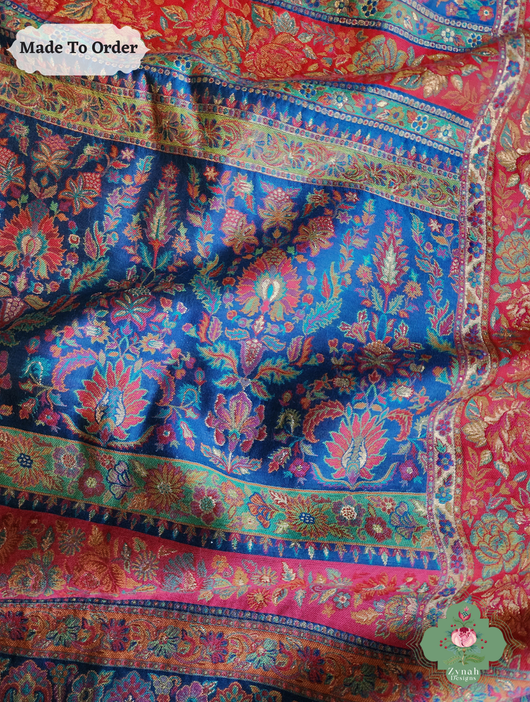 Zynah Made To Order Blue Kashmiri Pure Kani Silk Jamavar Saree; Custom Stitched/Ready-made Blouse, Fall, Petticoat; SKU: 0703202507