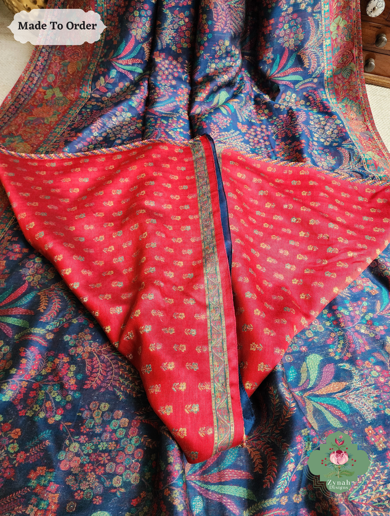 Zynah Made To Order Blue Handwoven Kashmiri Pure Kani Silk Jamavar Saree; Custom Stitched/Ready-made Blouse, Fall, Petticoat; SKU: 0110202512