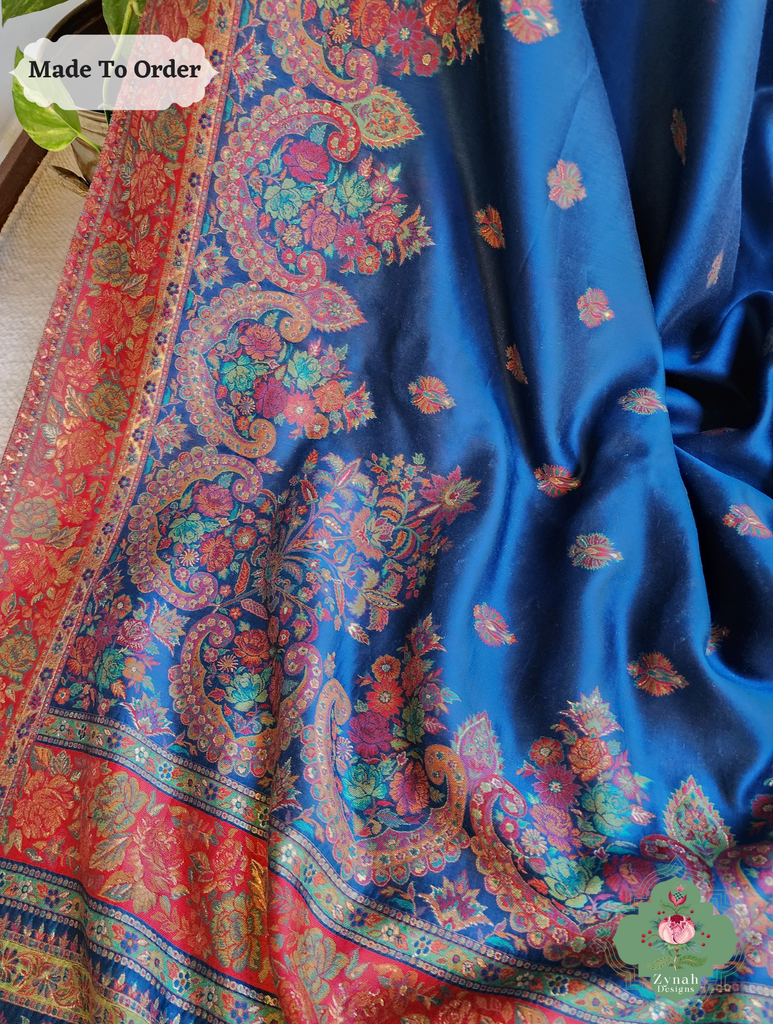 Zynah Made To Order Blue Kashmiri Pure Kani Silk Jamavar Saree; Custom Stitched/Ready-made Blouse, Fall, Petticoat; SKU: 0703202507