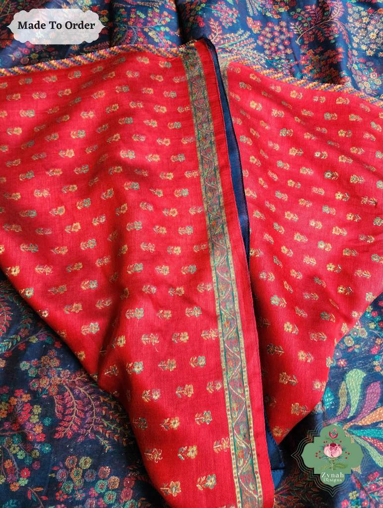 Zynah Made To Order Blue Handwoven Kashmiri Pure Kani Silk Jamavar Saree; Custom Stitched/Ready-made Blouse, Fall, Petticoat; SKU: 0110202512