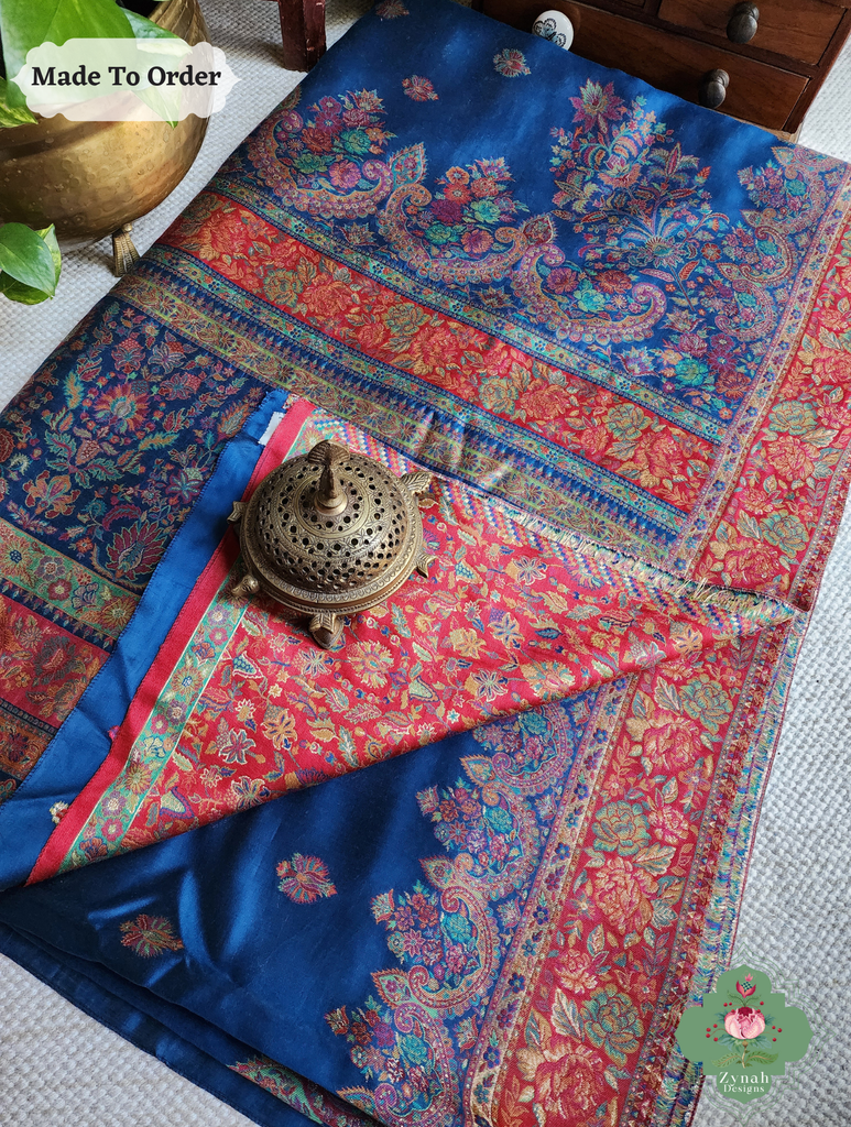 Zynah Made To Order Blue Kashmiri Pure Kani Silk Jamavar Saree; Custom Stitched/Ready-made Blouse, Fall, Petticoat; SKU: 0703202507