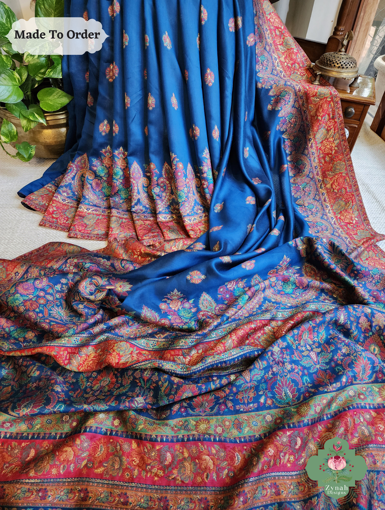 Zynah Made To Order Blue Kashmiri Pure Kani Silk Jamavar Saree; Custom Stitched/Ready-made Blouse, Fall, Petticoat; SKU: 0703202507