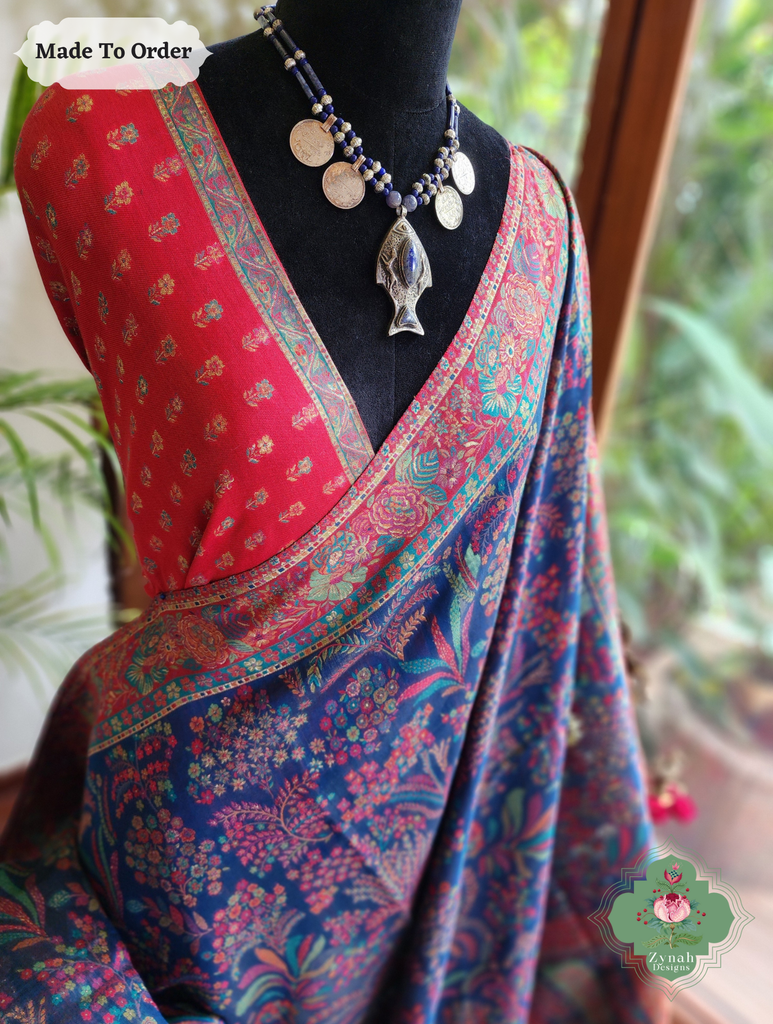 Zynah Made To Order Blue Handwoven Kashmiri Pure Kani Silk Jamavar Saree; Custom Stitched/Ready-made Blouse, Fall, Petticoat; SKU: 0110202512