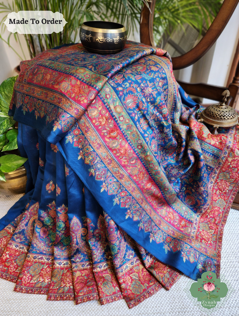 Zynah Made To Order Blue Kashmiri Pure Kani Silk Jamavar Saree; Custom Stitched/Ready-made Blouse, Fall, Petticoat; SKU: 0703202507