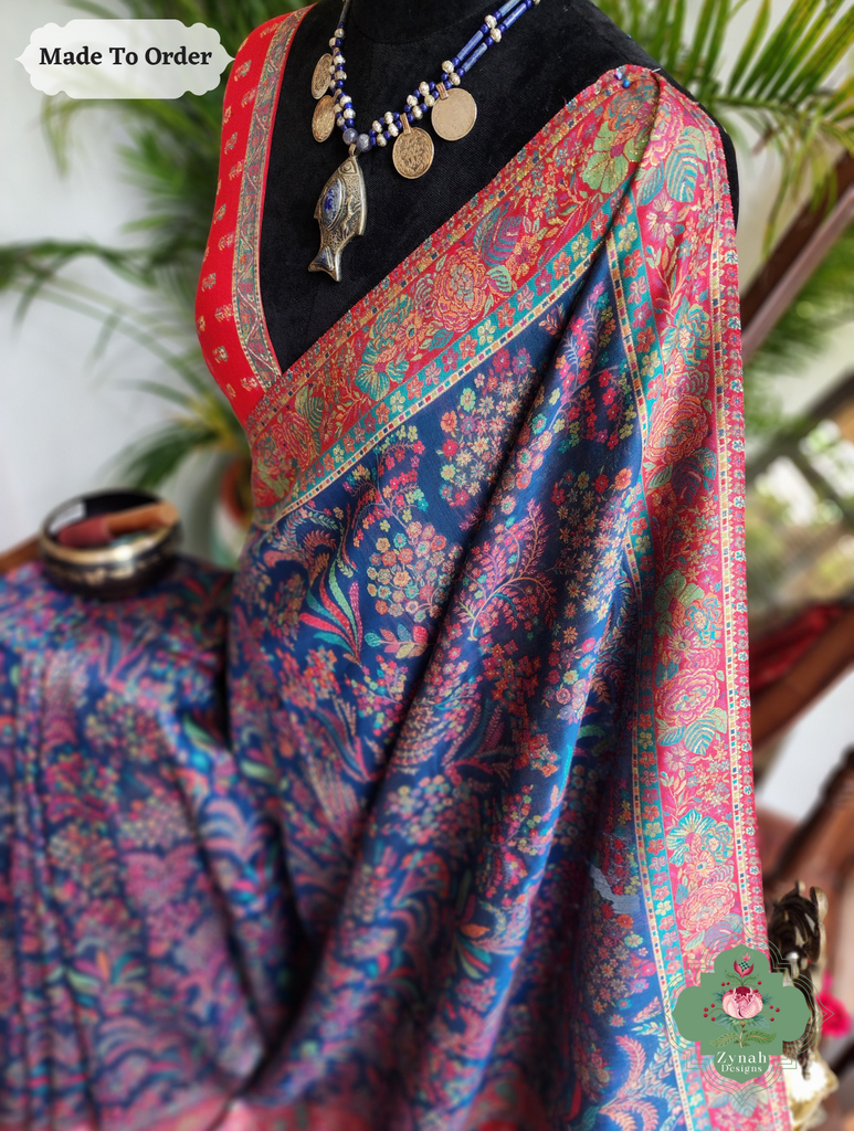 Zynah Made To Order Blue Handwoven Kashmiri Pure Kani Silk Jamavar Saree; Custom Stitched/Ready-made Blouse, Fall, Petticoat; SKU: 0110202512