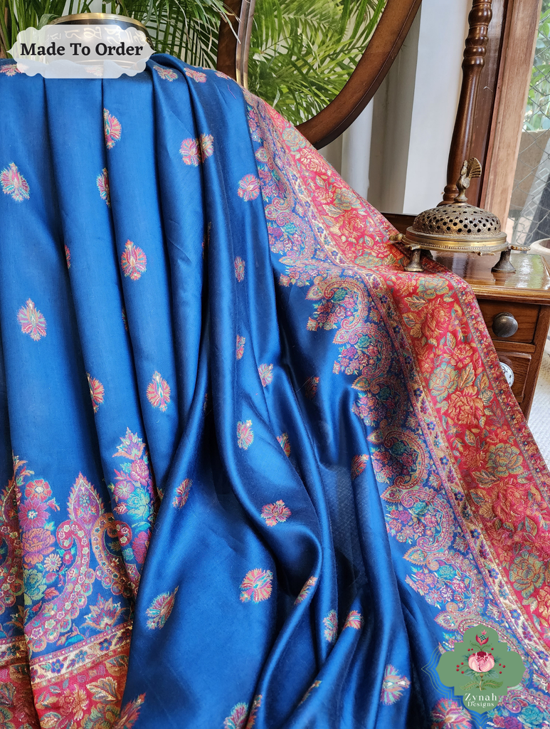 Zynah Made To Order Blue Kashmiri Pure Kani Silk Jamavar Saree; Custom Stitched/Ready-made Blouse, Fall, Petticoat; SKU: 0703202507