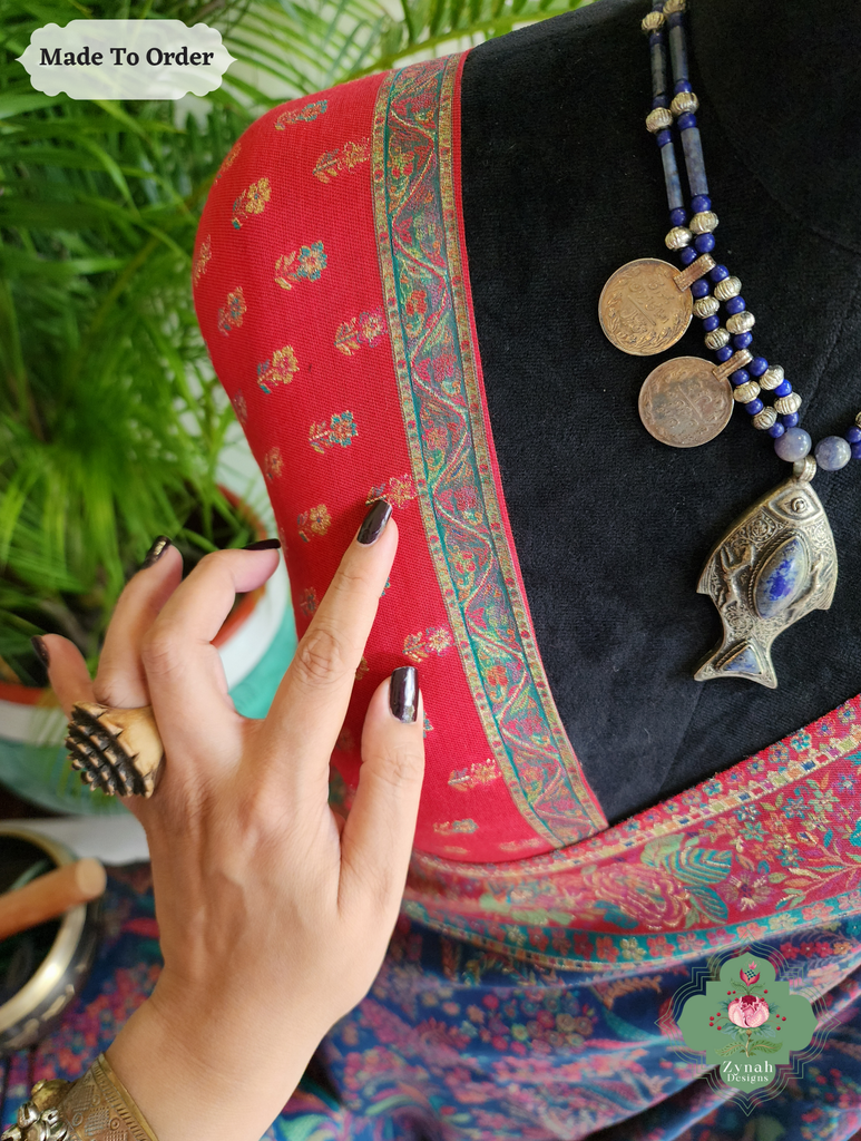 Zynah Made To Order Blue Handwoven Kashmiri Pure Kani Silk Jamavar Saree; Custom Stitched/Ready-made Blouse, Fall, Petticoat; SKU: 0110202512