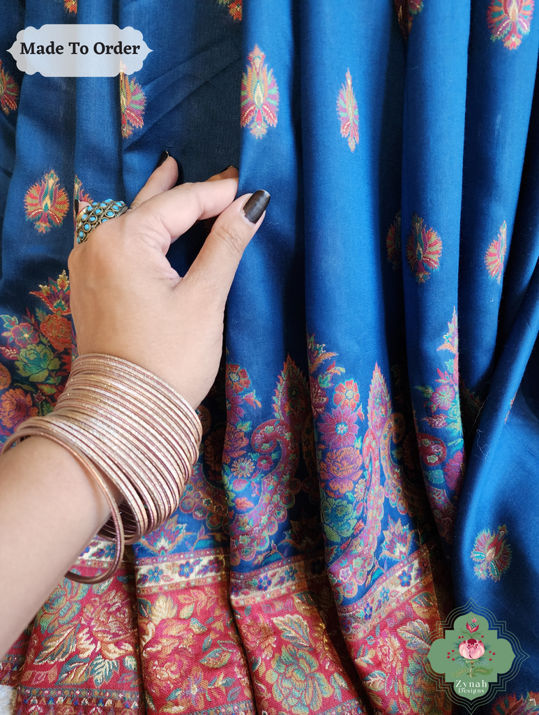 Zynah Made To Order Blue Kashmiri Pure Kani Silk Jamavar Saree; Custom Stitched/Ready-made Blouse, Fall, Petticoat; SKU: 0703202507