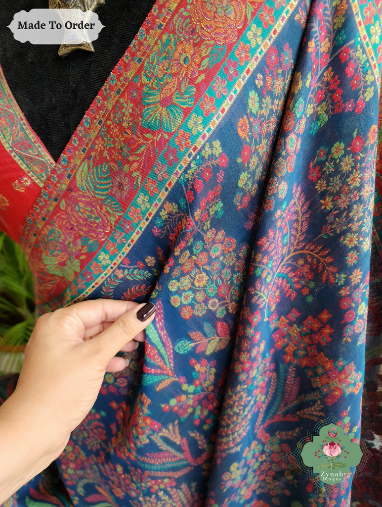 Zynah Made To Order Blue Handwoven Kashmiri Pure Kani Silk Jamavar Saree; Custom Stitched/Ready-made Blouse, Fall, Petticoat; SKU: 0110202512