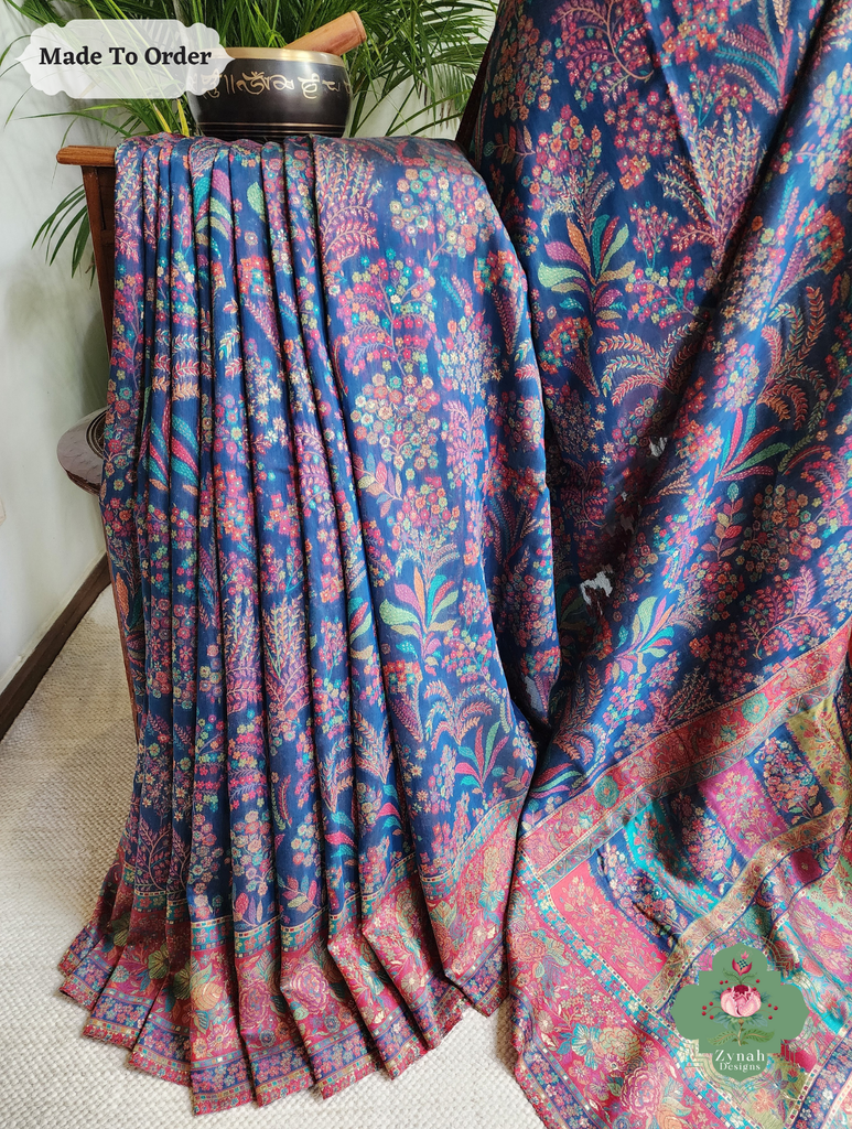 Zynah Made To Order Blue Handwoven Kashmiri Pure Kani Silk Jamavar Saree; Custom Stitched/Ready-made Blouse, Fall, Petticoat; SKU: 0110202512