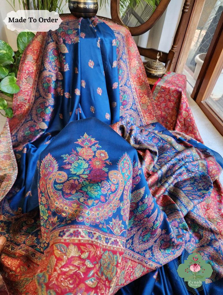 Zynah Made To Order Blue Kashmiri Pure Kani Silk Jamavar Saree; Custom Stitched/Ready-made Blouse, Fall, Petticoat; SKU: 0703202507