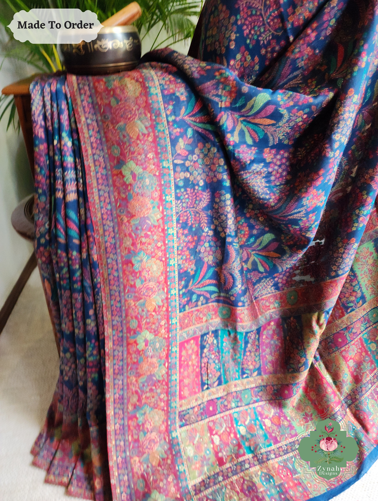 Zynah Made To Order Blue Handwoven Kashmiri Pure Kani Silk Jamavar Saree; Custom Stitched/Ready-made Blouse, Fall, Petticoat; SKU: 0110202512