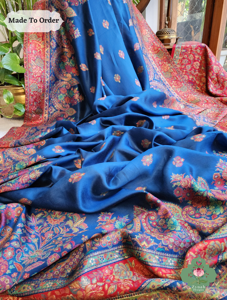 Zynah Made To Order Blue Kashmiri Pure Kani Silk Jamavar Saree; Custom Stitched/Ready-made Blouse, Fall, Petticoat; SKU: 0703202507